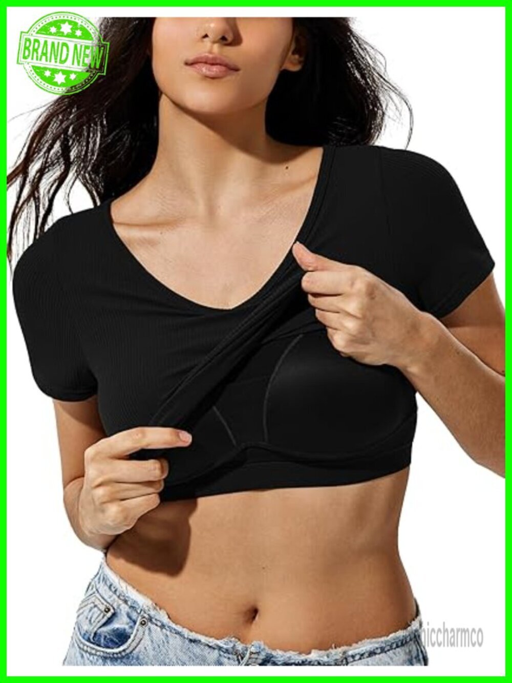 Built in Shelf Bra Crop Top V Neck Short Sleeve Y2K Tee for Women
